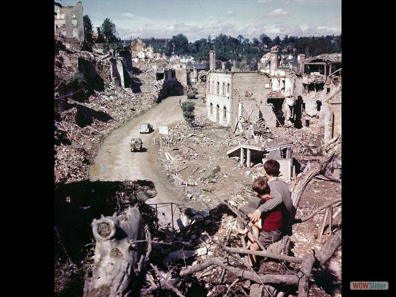 A view from a hilltop overlooking the road leading into St. Lo in July of 1944