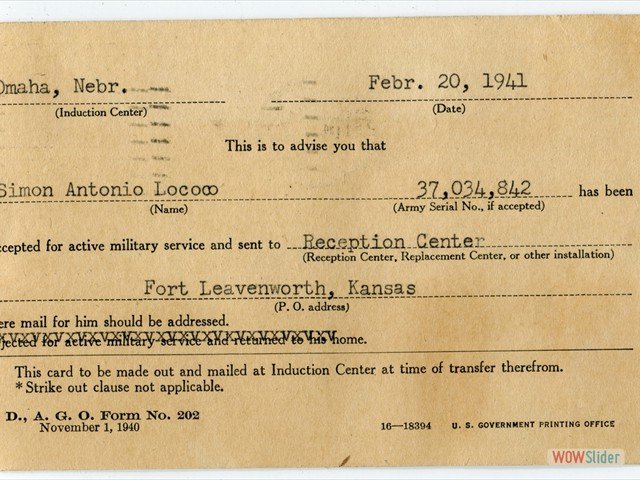 1941-02-20 Ft Leavenworth, KS - Inducted at the age of 21